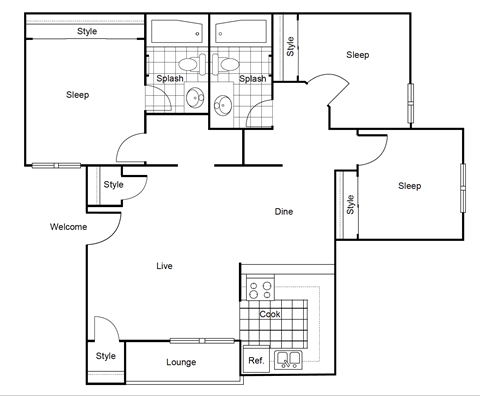 Floor plan for 3 beds, 2 baths, 1030 sqft